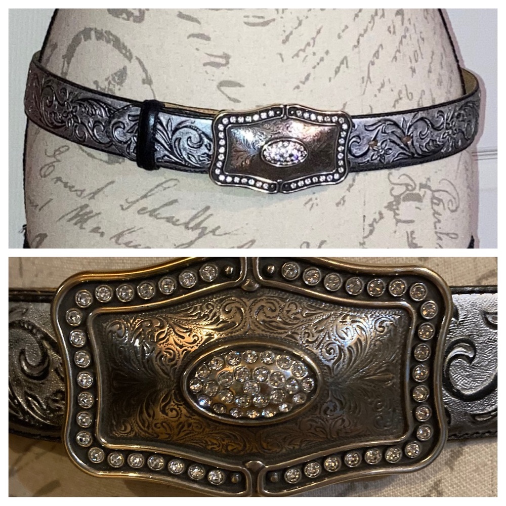 Justin Western Silver Brocade Tooled Leather Rhinestone Buckle Belt sz 34